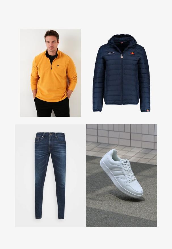 Tummansininen puhvitakki, jossa on huppu, vetoketjukiinnitys, kanavapistoilu ja logoteemaiset yksityiskohdat rinnassa ja hihassa. Pehmeä, teksturoitu kangas.; Keltainen fleece-pusero, jossa on neljänneksen vetoketju kauluksessa, etuosassa musta brodeerattu lehtilogo ja ribbikudottuja hihansuita.; Tummansiniset farkut, joissa on slim fit -leikkaus, hienovarainen haalistuma, viisi taskua ja metallinen napitus. Kontrastiväriset ompeleet.; Valkoiset urheilukengät, joissa on sileä nahkapinta, nauhakiinnitys edessä, rei'itetty kärki ja kuvioitu pohja. Minimalistinen muotoilu, jossa on kolme sivuraitaa.