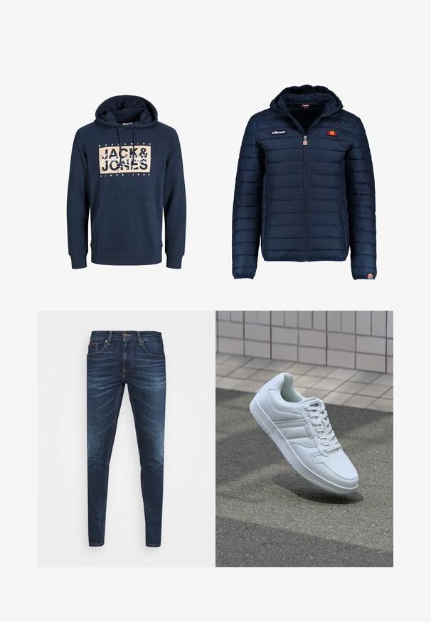 Tengerészkék puffos dzseki kapucnival, cipzáras záródással, csatorna varrással, és logóval díszített mellkassal és ujjakkal. Puha, texturált anyag.; Sötétkék kapucnis pulóver pamut keverékből, elöl kenguruzsebbel, húzózsinórral ellátott kapucnival, és nyomtatott logóval a mellkasán.; Sötétkék farmernadrág, testhezálló fazonnal, finom áttűnéssel, öt zsebbel és fémből készült gombzárral. Kontrasztos színű varrási díszítések.; Fehér sportcipő sima bőr felsőrésszel, fűzős elülettel, perforált orral és mintázott talppal. Minimalista dizájn három oldalsávval.
