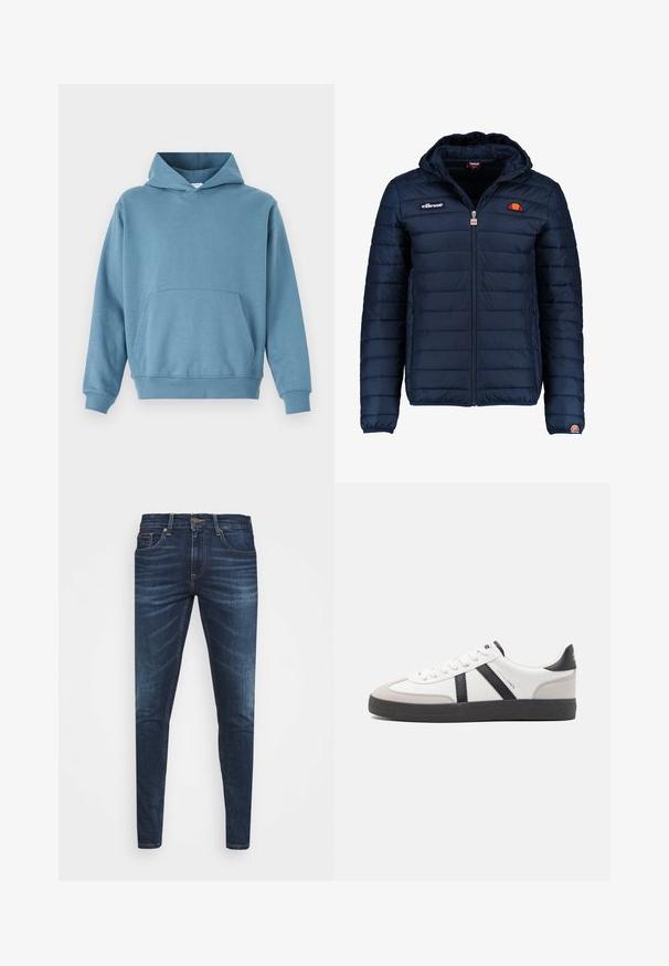 Marineblauwe gewatteerde jas met een capuchon, ritsluiting, kanalenstiksel en logoaccenten op de borst en mouw. Zachte, gestructureerde stof.; Blauwe katoenen hoodie met een voorzak, lange mouwen en een capuchon met trekkoord. Gladde textuur en ribgebreide manchetten aan de zoom en mouwen.; Donkerblauwe denim jeans met een slim fit, subtiele vervaging, vijf zakken en een metalen knoopsluiting. Gestikte accenten in contrasterende kleur.; Witte sneaker met zwarte en grijze accenten, voorzien van een grijze neus met textuur, zwarte rubberen zool en platte witte veters. Schoon ontwerp, minimalistische stijl.