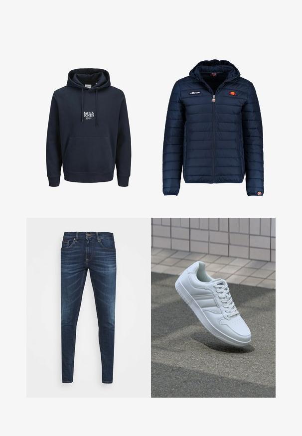 Tummansininen puhvitakki, jossa on huppu, vetoketjukiinnitys, kanavapistoilu ja logoteemaiset yksityiskohdat rinnassa ja hihassa. Pehmeä, teksturoitu kangas.; Tummansininen huppari, jossa on naruhuppu, etupuolella kengurupocket ja valkoinen brodeerattu logo "JACK & JONES" rinnassa. Pehmeä materiaali.; Tummansiniset farkut, joissa on slim fit -leikkaus, hienovarainen haalistuma, viisi taskua ja metallinen napitus. Kontrastiväriset ompeleet.; Valkoiset urheilukengät, joissa on sileä nahkapinta, nauhakiinnitys edessä, rei'itetty kärki ja kuvioitu pohja. Minimalistinen muotoilu, jossa on kolme sivuraitaa.