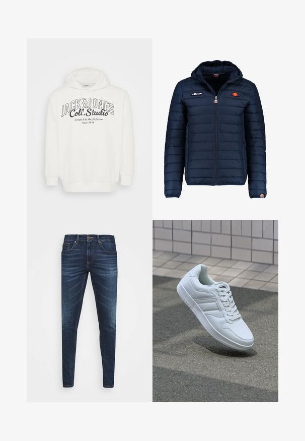 Marineblå puffjakke med hette, glidelås, kanalsøm og logoaksenter på brystet og ermet. Mykt, teksturert stoff.; Hvit hettegenser laget av mykt stoff, med et frontgrafisk design i svart tekst. Den har snor i hetten og ribbestrikkede mansjetter.; Mørkeblå denimjeans med smal passform, subtil falming, fem lommer og metallknaplukking. Sømmer i kontrastfarge.; Hvit atletisk sneaker med glatt skinnoverside, snøring foran, perforert tå og mønstrets såle. Minimalistisk design med tre side-striper.