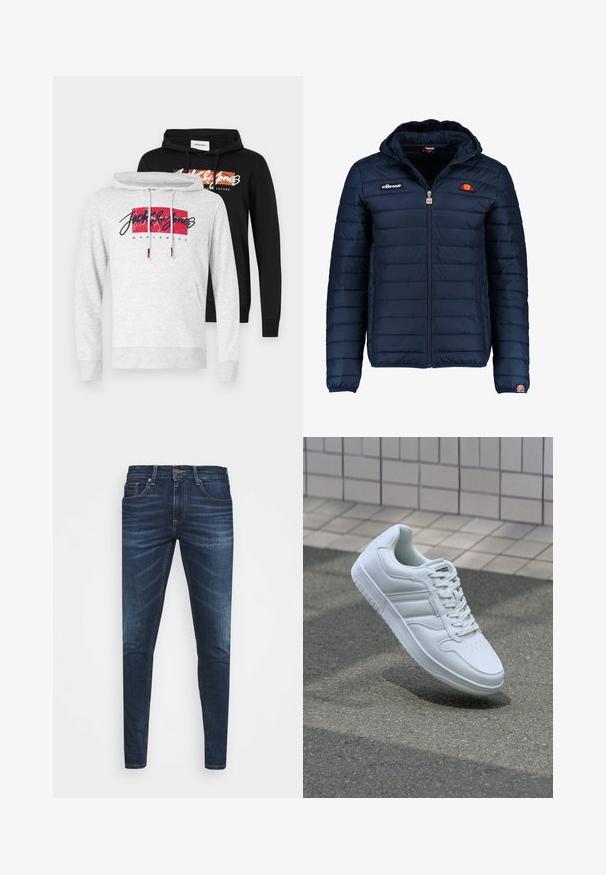 Mørkeblå puffjakke med hætte, lynlåslukning, kanalstyret syning og logo-detaljer på brystet og ærmet. Blødt, struktureret stof.; To sweatshirts: en grå med et rødt grafisk motiv og sort tekst, og en sort med et orange grafisk motiv, begge med justerbare snore.; Mørkeblå denim jeans med slim fit, subtil falming, fem lommer og metalknaplukning. Syede detaljer i kontrastfarve.; Hvide atletiske sneakers med glat læderoverdel, snørelukning foran, perforeret tå og mønstret sål. Minimalistisk design med tre sidelister.