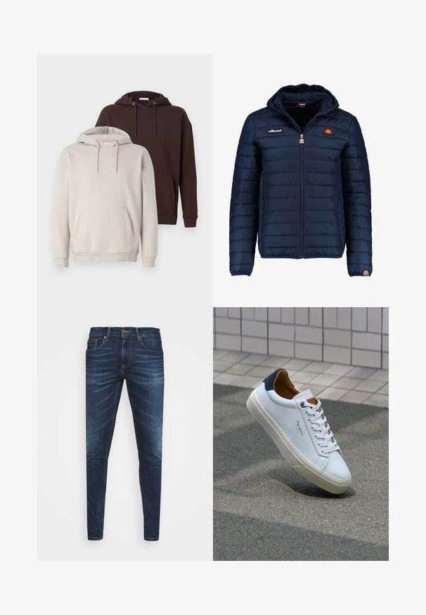 Navy blue puffer jacket with a hood, zip closure, channel stitching, and logo accents on the chest and sleeve. Soft, textured fabric.; Two hooded sweatshirts: one beige and one dark brown. Both feature a kangaroo pocket, adjustable drawstrings, and ribbed cuffs.; Dark blue denim jeans with a slim fit, subtle fade, five pockets, and a metal button closure. Stitched accents in contrasting color.; White leather sneaker with a navy heel, round toe, and contrasting brown accents. Features flat laces and textured rubber sole.