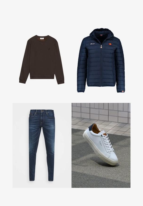 Navy blue puffer jacket with a hood, zip closure, channel stitching, and logo accents on the chest and sleeve. Soft, textured fabric.; Pier One Sweatshirt - dark brown; Dark blue denim jeans with a slim fit, subtle fade, five pockets, and a metal button closure. Stitched accents in contrasting color.; White leather sneaker with a navy heel, round toe, and contrasting brown accents. Features flat laces and textured rubber sole.