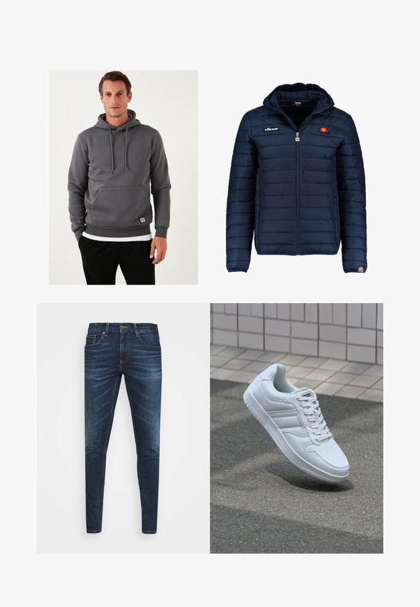 Tengerészkék puffos dzseki kapucnival, cipzáras záródással, csatorna varrással, és logóval díszített mellkassal és ujjakkal. Puha, texturált anyag.; Szürke kapucnis pulóver kenguruzsebbel, zsinórral, bordás mandzsettával és szegéllyel. Texturált anyag, az elején egy kis logóval.; Sötétkék farmernadrág, testhezálló fazonnal, finom áttűnéssel, öt zsebbel és fémből készült gombzárral. Kontrasztos színű varrási díszítések.; Fehér sportcipő sima bőr felsőrésszel, fűzős elülettel, perforált orral és mintázott talppal. Minimalista dizájn három oldalsávval.