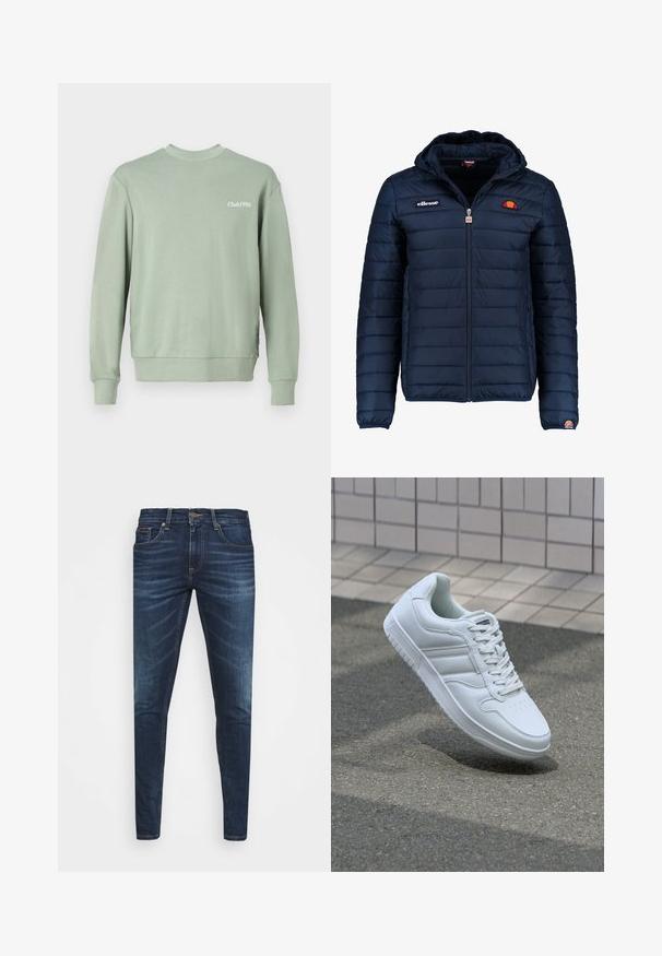 Marineblauwe gewatteerde jas met een capuchon, ritsluiting, kanalenstiksel en logoaccenten op de borst en mouw. Zachte, gestructureerde stof.; Lichtgroen sweatshirt gemaakt van zachte stof, met een ronde hals, lange mouwen, geribde manchetten en "Club1990" bedrukt op de borst.; Twee polo shirts: één marineblauw en één wit, beide met een kleine rood, wit en blauwe accent op de borstzak en kraag.; Donkerblauwe denim jeans met een slim fit, subtiele vervaging, vijf zakken en een metalen knoopsluiting. Gestikte accenten in contrasterende kleur.; Witte sportsneaker met een glad leren bovenwerk, vetersluiting aan de voorkant, geperforeerde neus en een geprofileerde zool. Minimalistisch ontwerp met drie zijstrepen.