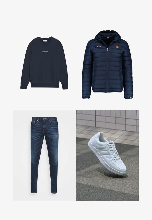 Tums zilā puffer jaka ar kapuci, rāvējslēdzēja aizdare, kanālu šuvēm un logotipa akcentiem uz krūtīm un piedurknēm. Mīksta, teksturēta auduma.; Pier One Ikdienas džemperis - navy; Tumši zili džinsi ar šauru piegriezumu, ar vieglu izbalēšanu, piecām kabatām un metalizētu pogu aizdari. Šuvju akcenti kontrastējošā krāsā.; Balti sporta apavi ar gludu ādas virsu, sasienamais priekšpuse, perforēts purngals un rakstaina zole. Minimālisma dizains ar trim sānu svītrām.