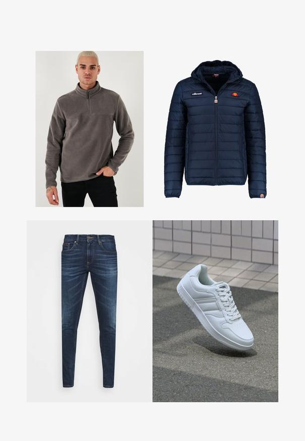 Námornícky modrá prešívaná bunda s kapucňou, zipsom, kanálovým prešívaním a logovými akcentmi na hrudi a rukáve. Mäkkučká, textúrovaná tkanina.; Šedý polarový pulóver s golierom na štvrtinový zips, dlhými rukávmi a hladkou textúrou. Ozdobený jednoduchým švom cez hrudník.; Tmavomodré džíny s úzkym strihom, jemným opotrebovaním, piatimi vreckami a kovovým zapínaním. Šité akcenty v kontrastnej farbe.; Biele atletické tenisky s hladkým koženým zvrškom, šnurovaním vpredu, perforovanou špičkou a vzorovanou podrážkou. Minimalistický dizajn s tromi bočnými pruhmi.