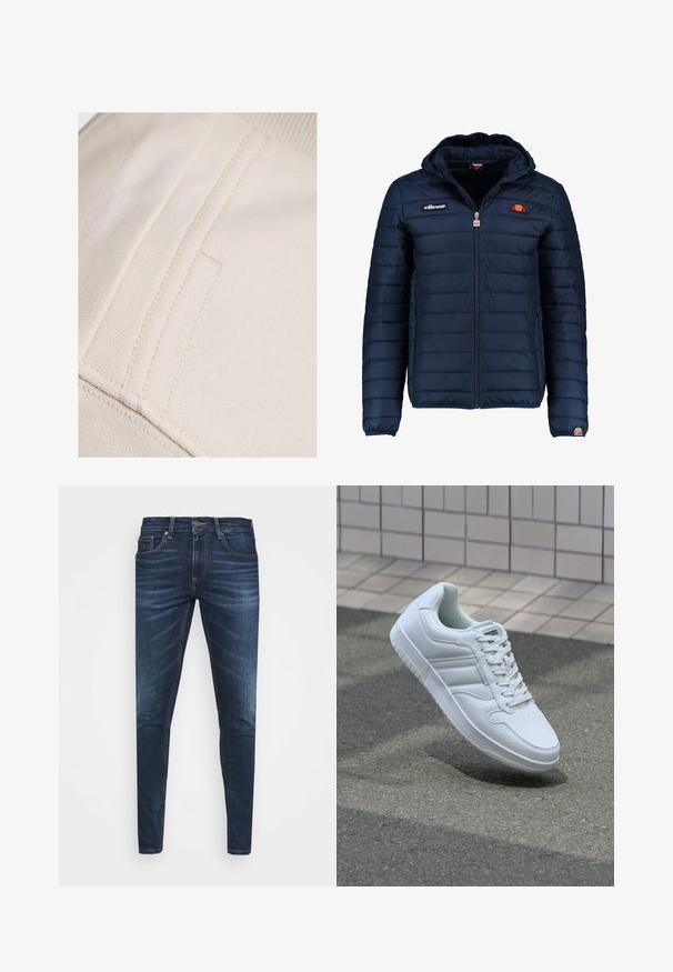 Námornícky modrá prešívaná bunda s kapucňou, zipsom, kanálovým prešívaním a logovými akcentmi na hrudi a rukáve. Mäkkučká, textúrovaná tkanina.; Béžová bavlnená látka s viditeľným šitím a plochou, hladkou textúrou. Zdobí ju jemný detail vrecka pozdĺž švu.; Tmavomodré džíny s úzkym strihom, jemným opotrebovaním, piatimi vreckami a kovovým zapínaním. Šité akcenty v kontrastnej farbe.; Biele atletické tenisky s hladkým koženým zvrškom, šnurovaním vpredu, perforovanou špičkou a vzorovanou podrážkou. Minimalistický dizajn s tromi bočnými pruhmi.