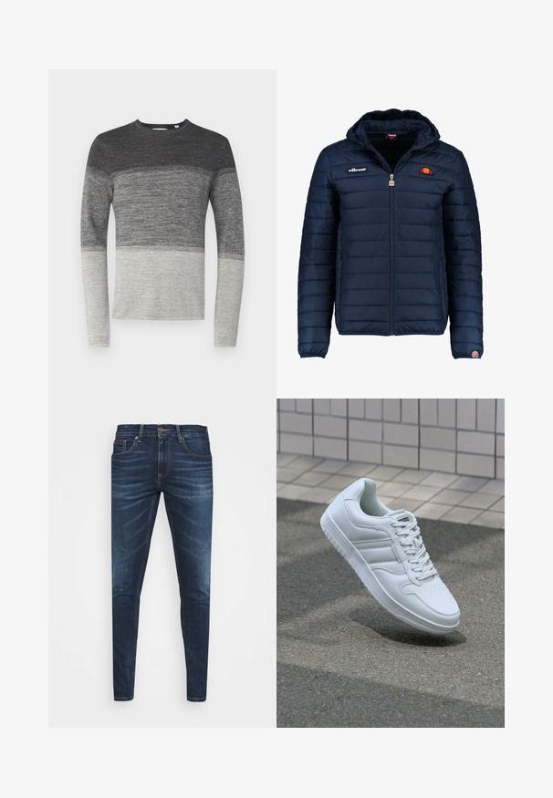Temno modra napihnjena jakna s kapuco, z zadrgo, kanalnim šivom in logotipom na prsih in rokavu. Mehka, teksturirana tkanina.; Sivi dolgi rokav pulover z barvnim blokiranjem. Ima pleteno teksturo, ki prehaja od temno sive na dno do svetlo sive.; Temno modri kavbojke ozkega kroja, s subtilnim bledenjem, petimi žepi in kovinskim zapiranjem na gumb. Oštrikanje z akcenti v kontrastni barvi.; Bela atletska teniska obutev z gladkim usnjenim zgornjim delom, vezanjem spredaj, perforiranim prstom in vzorčastim podplatom. Minimalistična zasnova s tremi stranskimi črtami.