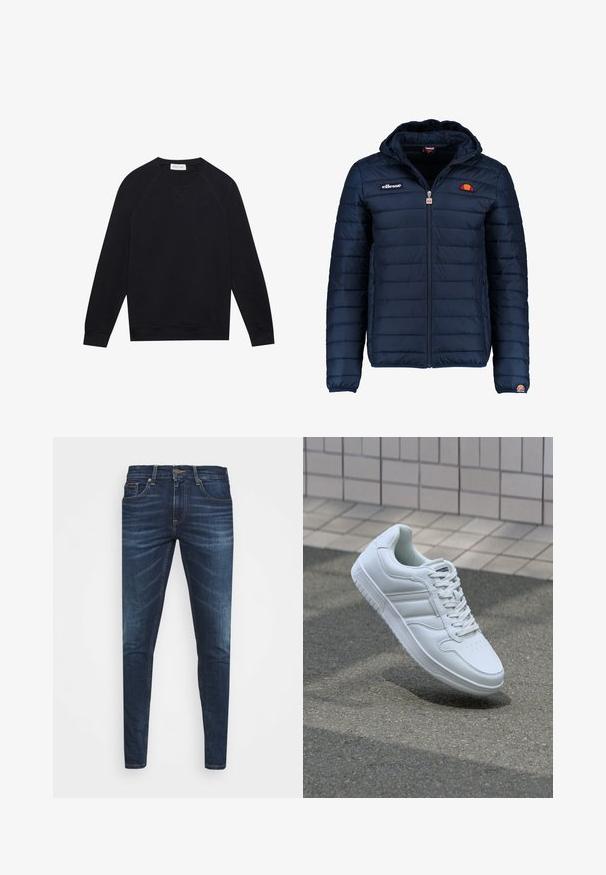 Navy blue puffer jacket with a hood, zip closure, channel stitching, and logo accents on the chest and sleeve. Soft, textured fabric.; Black long-sleeve crewneck sweatshirt with ribbed cuffs and hem, visible stitching details, and a small white brand label inside the neckline.; Dark blue denim jeans with a slim fit, subtle fade, five pockets, and a metal button closure. Stitched accents in contrasting color.; White athletic sneaker with smooth leather upper, lace-up front, perforated toe, and patterned sole. Minimalist design with three side stripes.