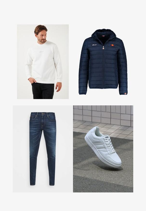 Dunkelblaue Daunenjacke mit Kapuze, Reißverschluss, Kastensteppnähten und Logo-Akzenten auf der Brust und dem Ärmel. Weicher, strukturierter Stoff.; Weißes Sweatshirt aus Baumwollmischung, mit Rundhalsausschnitt, langen Ärmeln und einem kleinen grauen Logoakzent auf der Brust.; Dunkelblaue Jeans im Slim Fit mit subtiler Verwaschung, fünf Taschen und einem Metallknopfverschluss. Genähte Akzente in kontrastierender Farbe.; Weiße sportliche Sneaker mit Obermaterial aus glattem Leder, Schnürfront, durchlöchtem Zehenbereich und gemusterter Sohle. Minimalistisches Design mit drei Seitenstreifen.