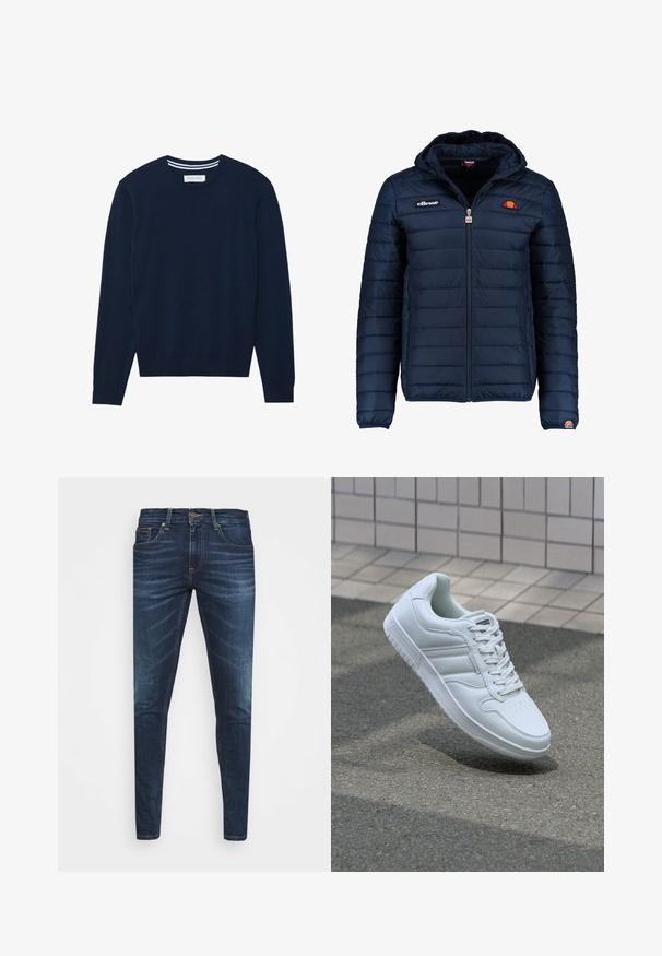 Marineblauwe gewatteerde jas met een capuchon, ritsluiting, kanalenstiksel en logoaccenten op de borst en mouw. Zachte, gestructureerde stof.; Marineblauwe gebreide trui met een ronde halslijn, lange mouwen en ribgebreide manchetten. Bevat een contrasterend gestreept detail op de kraag.; Donkerblauwe denim jeans met een slim fit, subtiele vervaging, vijf zakken en een metalen knoopsluiting. Gestikte accenten in contrasterende kleur.; Witte sportsneaker met een glad leren bovenwerk, vetersluiting aan de voorkant, geperforeerde neus en een geprofileerde zool. Minimalistisch ontwerp met drie zijstrepen.