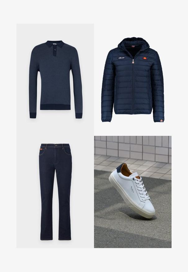 Tums zilā puffer jaka ar kapuci, rāvējslēdzēja aizdare, kanālu šuvēm un logotipa akcentiem uz krūtīm un piedurknēm. Mīksta, teksturēta auduma.; Tumši zils polo krekls ar garām piedurknēm, teksturētu adījumu, trīs pogu ailīti un tumši zilu kontrastējošu riboto aproču un apakšmala.; Tumši zili džinsi ar taisno kāju griezumu, kas ir rotāti ar oranžām vīlēm, pieci kabatas un pogu aizdare jostasvietā.; Baltas ādas čības ar tumši zilu papēdi, apaļu purngalu un kontrastējošām brūnām detaļām. Aprīkotas ar plakanu auklu un struktūrētu gumijas zoli.