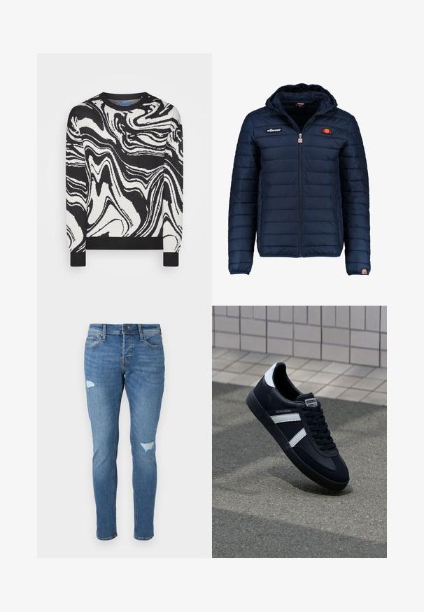 Dunkelblaue Daunenjacke mit Kapuze, Reißverschluss, Kastensteppnähten und Logo-Akzenten auf der Brust und dem Ärmel. Weicher, strukturierter Stoff.; Jack & Jones JORMARBLE CREW NECK - Strickpullover - black; Verblasste blaue Jeans im Slim-Fit, mit zerstörten Stellen an den Knien, einem Knopfverschluss und einem Fünf-Taschen-Design.; Schwarze Leder-Sneaker mit weißen Streifen, strukturiertem Gummisohle und Schnürung. Verfügt über ein Markenetikett auf der Zunge.