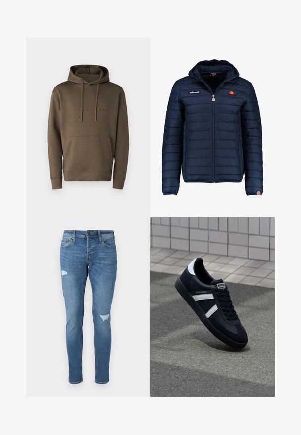 Temno modra napihnjena jakna s kapuco, z zadrgo, kanalnim šivom in logotipom na prsih in rokavu. Mehka, teksturirana tkanina.; Rjava kapuca s kapuco in vrvicami, sprednja kenguru džep in natisnjen logotip v črni barvi čez prsni del. Mehka tekstura tkanine.; Izbledeli modri traper hlače s slim fit krojem, ki imajo obrabljena mesta na kolenih, z gumbom za zapiranje in petimi žepi.; Črne usnjene superge z belimi črtami, teksturiran gumijast podplat in zavezovanje spredaj. Imajo označeno oznako na ježku.