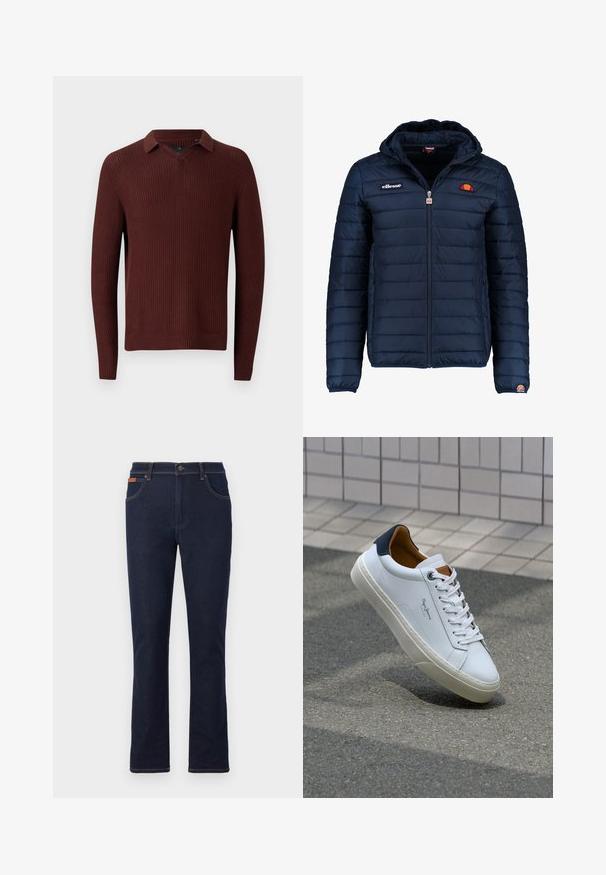 Granatowa kurtka puchowa z kapturem, zapinana na zamek, z przeszyciami w kształcie kanałów oraz akcentami loga na piersi i rękawie. Miękka, teksturowana tkanina.; Brązowy sweter z teksturowanym splotem, z kołnierzem, w dekolcie w kształcie litery V, z długimi rękawami oraz ściągaczami przy mankietach i u dołu.; Granatowe dżinsy o prostym kroju nogawki, z pomarańczowymi przeszyciami, pięcioma kieszeniami i zapięciem na guzik w talii.; Białe skórzane trampki z granatowym piętkiem, okrągłym noskiem i kontrastowymi brązowymi akcentami. Posiadają płaskie sznurówki i teksturowaną gumową podeszwę.