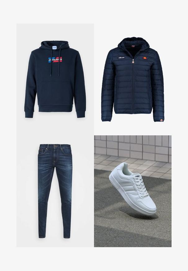 Mørkeblå puffjakke med hætte, lynlåslukning, kanalstyret syning og logo-detaljer på brystet og ærmet. Blødt, struktureret stof.; Mørkeblå hoodie med en forreste kængurulomme, hætte med snor og logo i rød og blå. Den har en blød, glat tekstur og ribbede manchetter.; Mørkeblå denim jeans med slim fit, subtil falming, fem lommer og metalknaplukning. Syede detaljer i kontrastfarve.; Hvide atletiske sneakers med glat læderoverdel, snørelukning foran, perforeret tå og mønstret sål. Minimalistisk design med tre sidelister.