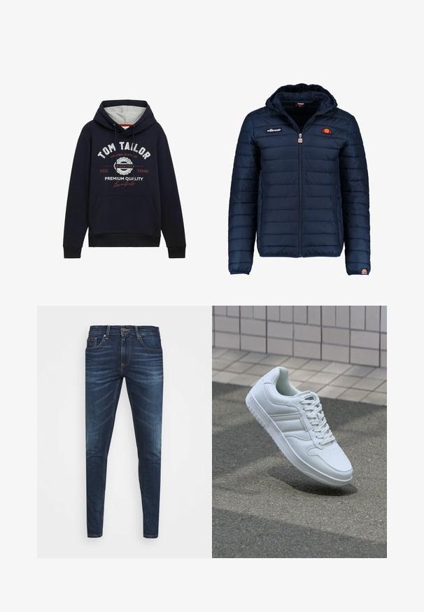 Námornícky modrá prešívaná bunda s kapucňou, zipsom, kanálovým prešívaním a logovými akcentmi na hrudi a rukáve. Mäkkučká, textúrovaná tkanina.; Námornícka modrá mikina z bavlneného zmesového materiálu, s šedou podšívkou kapucne, prednou vreckou a bielym/červeným grafickým textom na hrudi. Rebrované manžety a lem.; Tmavomodré džíny s úzkym strihom, jemným opotrebovaním, piatimi vreckami a kovovým zapínaním. Šité akcenty v kontrastnej farbe.; Biele atletické tenisky s hladkým koženým zvrškom, šnurovaním vpredu, perforovanou špičkou a vzorovanou podrážkou. Minimalistický dizajn s tromi bočnými pruhmi.