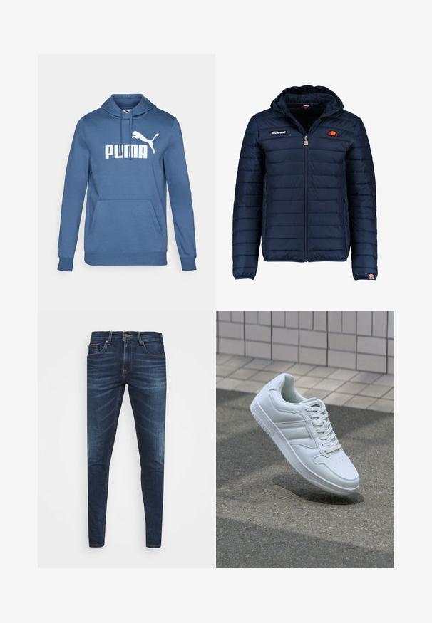 Navy blue puffer jacket with a hood, zip closure, channel stitching, and logo accents on the chest and sleeve. Soft, textured fabric.; Blue cotton hoodie featuring a front kangaroo pocket, ribbed cuffs, and a large white "PUMA" logo with a puma silhouette.; Dark blue denim jeans with a slim fit, subtle fade, five pockets, and a metal button closure. Stitched accents in contrasting color.; White athletic sneaker with smooth leather upper, lace-up front, perforated toe, and patterned sole. Minimalist design with three side stripes.