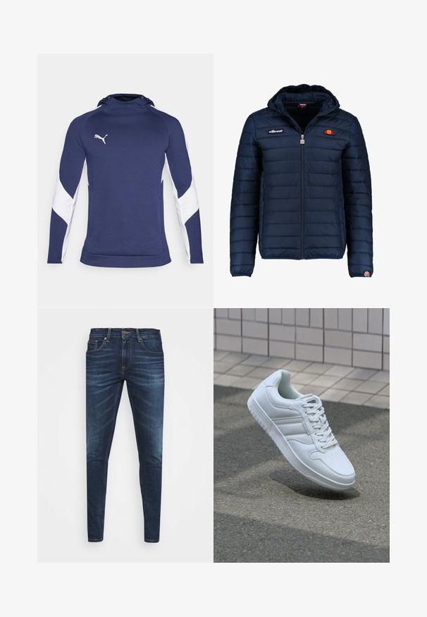Dunkelblaue Daunenjacke mit Kapuze, Reißverschluss, Kastensteppnähten und Logo-Akzenten auf der Brust und dem Ärmel. Weicher, strukturierter Stoff.; Marineblaue Sport-Hoodie mit weißen Seitenteilen, ausgestattet mit einem hohen Kragen und Kordelzug. Logo in Weiß auf der linken Brustseite.; Dunkelblaue Jeans im Slim Fit mit subtiler Verwaschung, fünf Taschen und einem Metallknopfverschluss. Genähte Akzente in kontrastierender Farbe.; Weiße sportliche Sneaker mit Obermaterial aus glattem Leder, Schnürfront, durchlöchtem Zehenbereich und gemusterter Sohle. Minimalistisches Design mit drei Seitenstreifen.