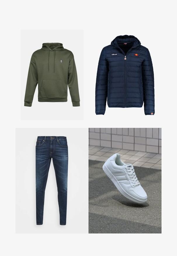 Mørkeblå puffjakke med hætte, lynlåslukning, kanalstyret syning og logo-detaljer på brystet og ærmet. Blødt, struktureret stof.; Oliven grøn hættetrøje med quiltet tekstur, en central kengurulomme og et lille broderet logo på brystet. Justerbar snøre i huen.; Mørkeblå denim jeans med slim fit, subtil falming, fem lommer og metalknaplukning. Syede detaljer i kontrastfarve.; Hvide atletiske sneakers med glat læderoverdel, snørelukning foran, perforeret tå og mønstret sål. Minimalistisk design med tre sidelister.