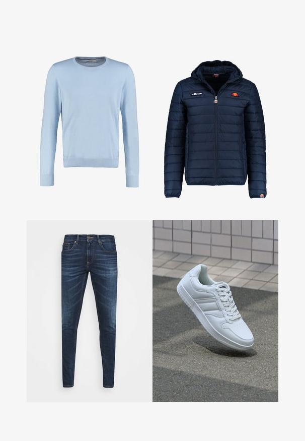 Mörkblå pufferjacka med huva, dragkedjestängning, kanalsömmar och logodetaljer på bröstet och ärmen. Mjuk, texturerad tyg.; Ljusblå långärmad tröja med rund halsringning. Har en slät yta och ribbade muddar och nederkant. Klassisk, figurnära design.; Mörkblå denimjeans med smal passform, subtilt blekning, fem fickor och metallknappstängning. Sömnadsdetaljer i kontrasterande färg.; Vit atletisk sneakers med slätt läderöverdel, snörning fram, perforerad tå och mönstrad sula. Minimalistisk design med tre sidostycken.