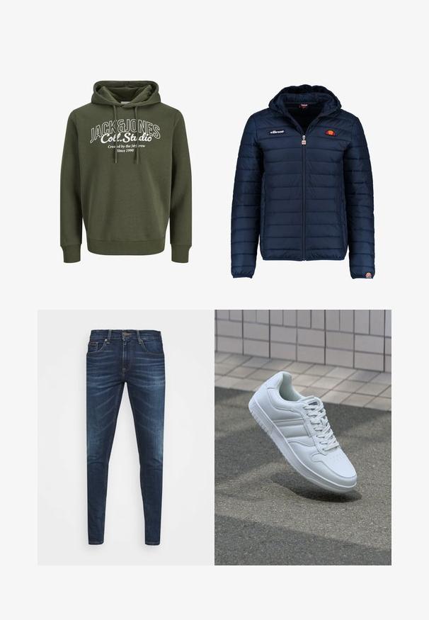 Tums zilā puffer jaka ar kapuci, rāvējslēdzēja aizdare, kanālu šuvēm un logotipa akcentiem uz krūtīm un piedurknēm. Mīksta, teksturēta auduma.; Olīvzaļš kapucis ar aukliņu, kas rotāts ar baltu grafiku, kurā ir teksts "JACK&JONES Coll. Studio." Mīksta audums, brīvs piegriezums.; Tumši zili džinsi ar šauru piegriezumu, ar vieglu izbalēšanu, piecām kabatām un metalizētu pogu aizdari. Šuvju akcenti kontrastējošā krāsā.; Balti sporta apavi ar gludu ādas virsu, sasienamais priekšpuse, perforēts purngals un rakstaina zole. Minimālisma dizains ar trim sānu svītrām.