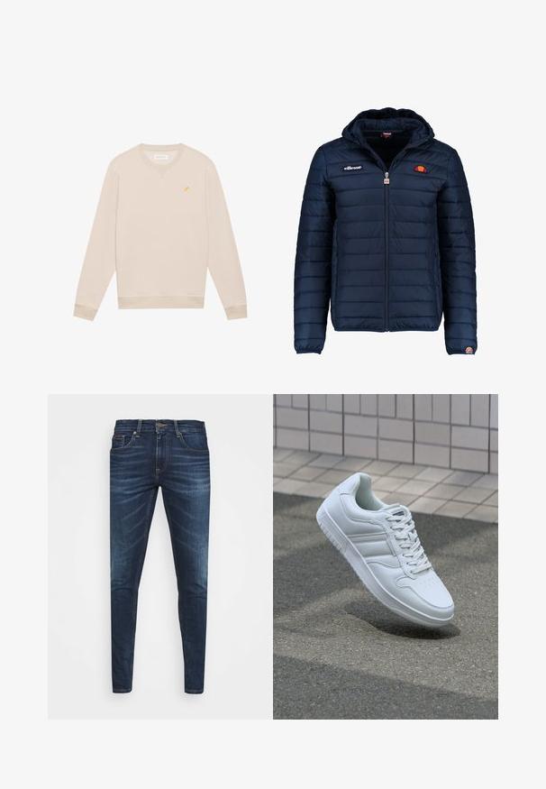 Tengerészkék puffos dzseki kapucnival, cipzáras záródással, csatorna varrással, és logóval díszített mellkassal és ujjakkal. Puha, texturált anyag.; Beige hosszú ujjú, crewneck pulóver, bal mellen kis sárga madár hímzéssel, bordázott mandzsettákkal és aljjal.; Sötétkék farmernadrág, testhezálló fazonnal, finom áttűnéssel, öt zsebbel és fémből készült gombzárral. Kontrasztos színű varrási díszítések.; Fehér sportcipő sima bőr felsőrésszel, fűzős elülettel, perforált orral és mintázott talppal. Minimalista dizájn három oldalsávval.