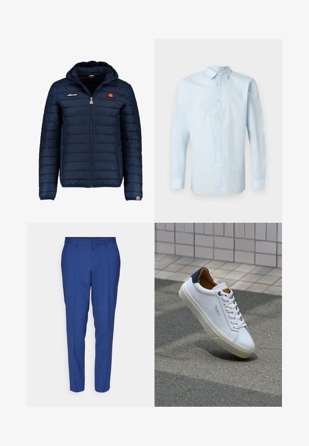 Dunkelblaue Daunenjacke mit Kapuze, Reißverschluss, Kastensteppnähten und Logo-Akzenten auf der Brust und dem Ärmel. Weicher, strukturierter Stoff.; Helles blaues Langarmhemd aus glattem Stoff, mit durchgehender Knopfleiste, klassischem Kragen und geknöpften Manschetten.; Blaue maßgeschneiderte Hose aus glattem Stoff, mit flacher Vorderseite, zwei Seitentaschen und schmal zulaufendem Bein.; Weiße Ledersneaker mit navyfarbenem Fersenbereich, runder Zehenpartie und kontrastierenden braunen Akzenten. Verfügt über flache Schnürsenkel und eine strukturierte Gummisohle.