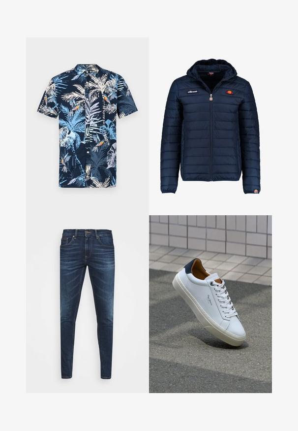 Ναυτικό μπλε ηλεκτρικό μπουφάν με κουκούλα, φερμουάρ, ραφές καναλιού και λογότυπα στο στήθος και το μανίκι. Μαλακό, υφασμάτινο υλικό.; Μπλούζα κοντομάνικη με ναυτικό φόντο και τροπικό σχέδιο από ανοιχτό μπλε παλαιές και πολύχρωμα πουλιά. Γιακάς με κουμπιά.; Σκούρα μπλε τζιν παντελόνι σε στενή γραμμή, με ήπια φθορά, πέντε τσέπες και μεταλλικό κούμπωμα. Ράψιμο σε αντίθετο χρώμα.; Λευκό δερμάτινο αθλητικό παπούτσι με ναυτική φτέρνα, στρογγυλή μύτη και αντίθετα καφέ αξεσουάρ. Διαθέτει επίπεδους κορδόνες και υφή από καουτσούκ στη σόλα.