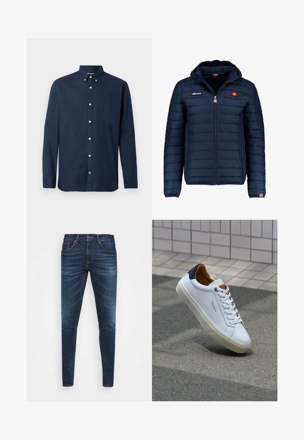 Tengerészkék puffos dzseki kapucnival, cipzáras záródással, csatorna varrással, és logóval díszített mellkassal és ujjakkal. Puha, texturált anyag.; Sötétkék, hosszú ujjú ing, könnyű anyagból készült, gombos gallérral, elülső zsebbel és fehér gombokkal. Sima felület.; Sötétkék farmernadrág, testhezálló fazonnal, finom áttűnéssel, öt zsebbel és fémből készült gombzárral. Kontrasztos színű varrási díszítések.; Fehér bőr sneaker sötétkék sarkúval, kerek orral és kontrasztos barna részletekkel. Lapított fűzőkkel és textúrált gumitalppal rendelkezik.