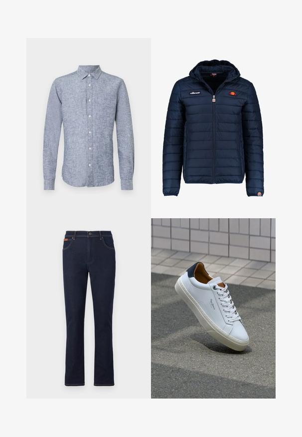 Námornícky modrá prešívaná bunda s kapucňou, zipsom, kanálovým prešívaním a logovými akcentmi na hrudi a rukáve. Mäkkučká, textúrovaná tkanina.; Modrá ľanová košeľa s dlhým rukávom a golierom na gombíky, s textúrovanou látkou a zakriveným lemom. Päť predných gombíkov v jednom rade.; Tmavomodré denimové nohavice s rovnými nohavicami, s oranžovým prešívaním, piatimi vreckami a gombíkovým zapínaním v páse.; Biele kožené tenisky s námorníckym opätkom, okrúhlou špičkou a kontrastnými hnedými akcentami. Majú ploché šnúrky a textúrovanú gumovú podrážku.