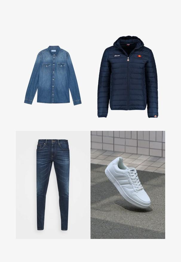 Tumedat sinised puffer jakk kapuutsiga, lukuga suletav, kanalite õmblustega ning logo aktsentidega rinnal ja varrukal. Pehme, tekstuuriga kangas.; Tume sinepärgiga denimsärk pikkade varrukatega, klassikaline krae, nuppudega esisulg, kaks rinnaummikut ja kontrastne õmblus.; Tumedat sinised teksad kitsas lõikes, kerge kulumisega, viie taskuga ja metallnööbiga sulgemine. Õmmeldud aktsendid kontrastsetes värvides.; Valge spordijalanõud silederja nahkvarrega, ninast paeltega, perforatsiooni tõttu ventilatsiooniga ning mustrilise tallaga. Minimalistlik disain, millel on kolm külgmist triipu.
