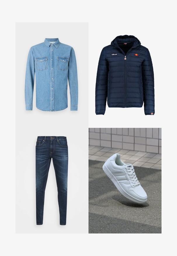 Navy blue puffer jacket with a hood, zip closure, channel stitching, and logo accents on the chest and sleeve. Soft, textured fabric.; Light blue denim shirt with long sleeves, button-up front, and two chest pockets. Features a classic collar and a smooth texture.; Dark blue denim jeans with a slim fit, subtle fade, five pockets, and a metal button closure. Stitched accents in contrasting color.; White athletic sneaker with smooth leather upper, lace-up front, perforated toe, and patterned sole. Minimalist design with three side stripes.