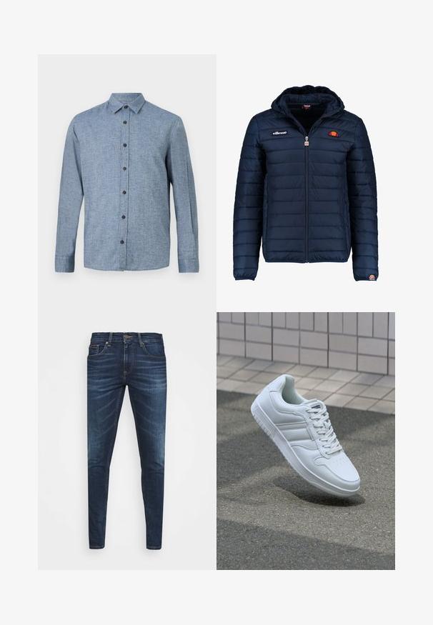 Jachetă puffer de culoare bleumarin, cu glugă, închidere cu fermoar, cusături în canale și detalii cu logo pe piept și pe mânecă. Material moale, texturat.; Cămașă cu mâneci lungi și nasturi, dintr-un material ușor albastru, cu un țesătură texturată, având un guler și șase nasturi maro închis pe față.; Jeans din denim de culoare albastră închisă, cu o croială slim, ușor decolorate, cinci buzunare și închidere cu buton metalic. Detalii cusute în culori contrastante.; Adidași albi pentru sport cu superior din piele netedă, sistem de șireturi în față, vârf perforat și talpă cu model. Design minimalist cu trei dungi laterale.