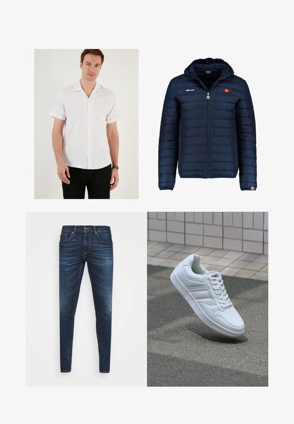 Marineblauwe gewatteerde jas met een capuchon, ritsluiting, kanalenstiksel en logoaccenten op de borst en mouw. Zachte, gestructureerde stof.; Witte short-sleeve shirt met een ribbelstructuur, een gespreide kraag en een knopenfront. Gepaard met zwarte broek, die een casual ontwerp laat zien.; Donkerblauwe denim jeans met een slim fit, subtiele vervaging, vijf zakken en een metalen knoopsluiting. Gestikte accenten in contrasterende kleur.; Witte sportsneaker met een glad leren bovenwerk, vetersluiting aan de voorkant, geperforeerde neus en een geprofileerde zool. Minimalistisch ontwerp met drie zijstrepen.