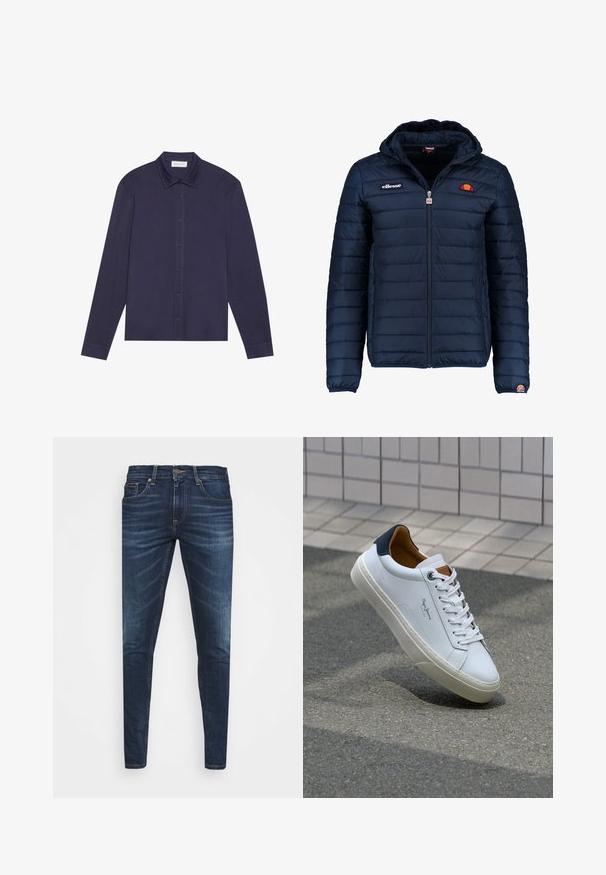 Giubbotto imbottito blu navy con cappuccio, chiusura con zip, cuciture a canale e dettagli con logo sul petto e sulla manica. Tessuto morbido e testurizzato.; Maglietta a maniche lunghe di colore navy realizzata in tessuto liscio, con chiusura frontale a bottoni, colletto a punta e una vestibilità leggermente rilassata.; Jeans in denim blu scuro con vestibilità slim, leggero sbiadito, cinque tasche e chiusura con bottone in metallo. Dettagli cuciti in un colore a contrasto.; Sneaker bianca in pelle con tallone blu, punta rotonda e accenti marroni a contrasto. Presenta lacci piatti e suola in gomma testurizzata.