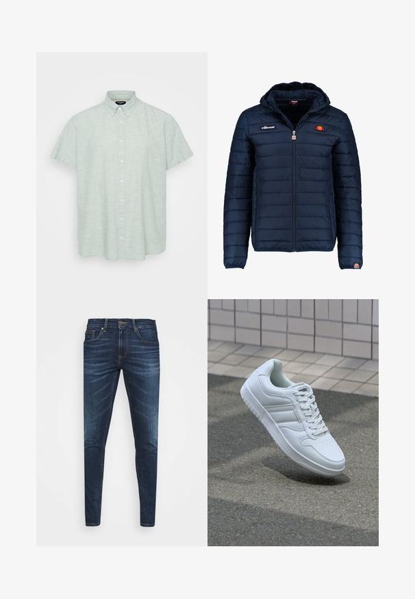 Marineblauwe gewatteerde jas met een capuchon, ritsluiting, kanalenstiksel en logoaccenten op de borst en mouw. Zachte, gestructureerde stof.; Lichtgroen hemd met korte mouwen in een gestructureerde stof. Heeft een button-down kraag, een sluiting met knopen aan de voorkant en een klein embleem op de borst.; Donkerblauwe denim jeans met een slim fit, subtiele vervaging, vijf zakken en een metalen knoopsluiting. Gestikte accenten in contrasterende kleur.; Witte sportsneaker met een glad leren bovenwerk, vetersluiting aan de voorkant, geperforeerde neus en een geprofileerde zool. Minimalistisch ontwerp met drie zijstrepen.