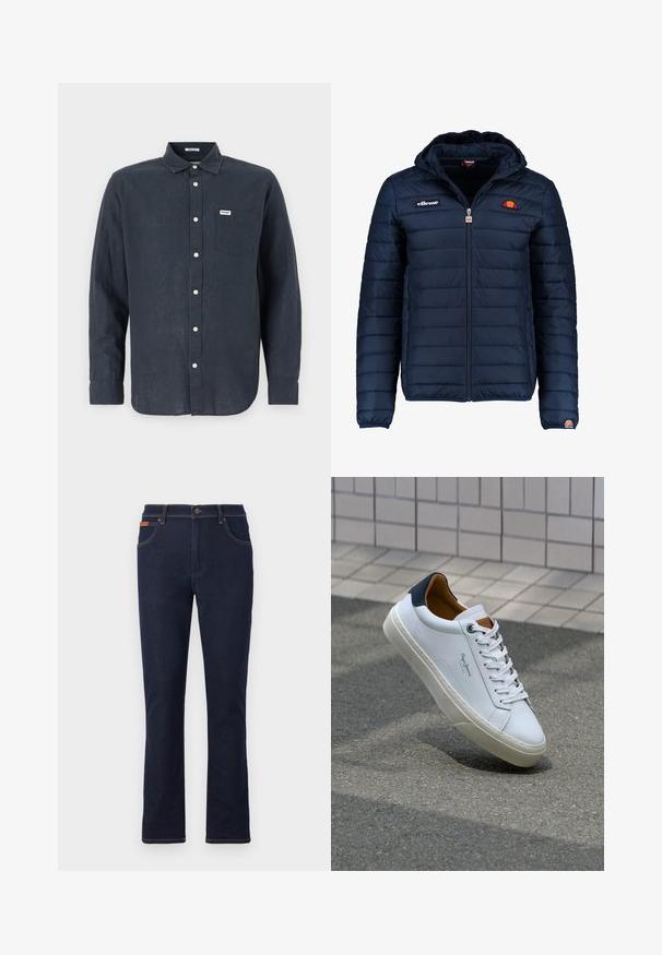 Tamsiai mėlynas pūkinis švarkas su gobtuvu, užtrauktuku, kanalų siuvimu ir logotipo akcentais krūtinėje bei rankovėje. Minkšta, tekstūruota medžiaga.; Tamsiai mėlyna ilgaažuolė marškinėliai iš lino, su mygtuku ant apykaklės, priekinė kišenė ir balti mygtukai. Wrangler logotipas ant kišenės.; Tamsiai mėlyni džinsai su tiesiu kirpimu, turintys oranžinę siuvimo ornamentiką, penkias kišenes ir sagos užsegimą juosmens srityje.; Balti odiniai sportbačiai su mėlynu kulnu, apvalia nosimi ir kontrastingais rudais akcentais. Aptakios raišteliai ir tekstūruota guma.