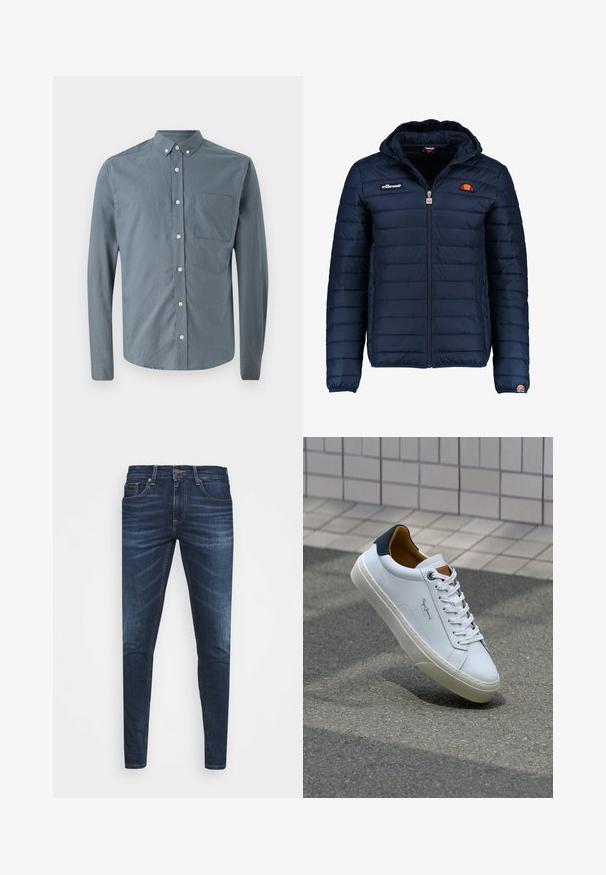 Mornaricnoplava pufasta jakna s kapuljačom, zatvaranje na zip, kanalno šivanje i akcenti s logom na prsima i rukavu. Mekani, teksturirani materijal.; Košulja s dugim rukavima u tamnoplavoj boji, klasičnog ovratnika, s jednim džepom na prsima i bijelim gumbima, izrađena od glatkog materijala.; Tamno plave traperice uskog kroja, s blagim izbljeđivanjem, pet džepova i metalnim zatvaranjem na dugme. Šivani detalji u kontrastnoj boji.; Bijela kožna tenisica s mornarskom petom, okruglim vrhom i kontrastnim smešnim akcentima. Sadrži ravne vezice i teksturiranu gumenu potplat.