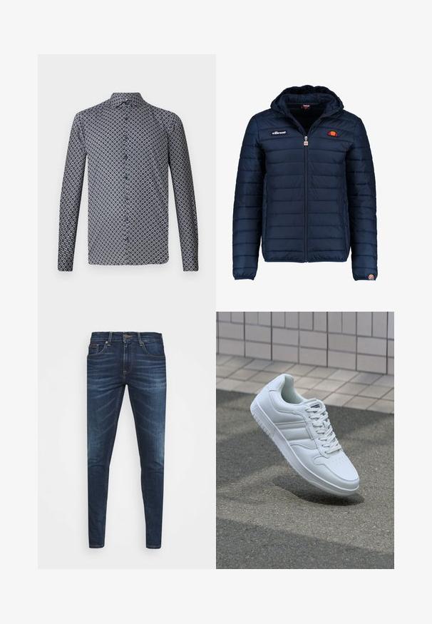 Giubbotto imbottito blu navy con cappuccio, chiusura con zip, cuciture a canale e dettagli con logo sul petto e sulla manica. Tessuto morbido e testurizzato.; Camicia a maniche lunghe con bottoni di colore blu navy scuro, caratterizzata da un motivo floreale bianco ripetuto. Presenta un colletto a punta e bottoni frontali. Tessuto di consistenza liscia.; Jeans in denim blu scuro con vestibilità slim, leggero sbiadito, cinque tasche e chiusura con bottone in metallo. Dettagli cuciti in un colore a contrasto.; Sneaker sportivo bianco con tomaia in pelle liscia, chiusura con lacci, punta perforata e suola decorata. Design minimalista con tre strisce laterali.