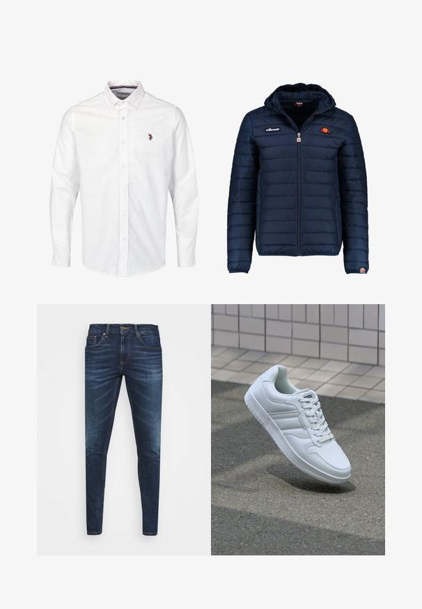 Giubbotto imbottito blu navy con cappuccio, chiusura con zip, cuciture a canale e dettagli con logo sul petto e sulla manica. Tessuto morbido e testurizzato.; Camicia bianca con bottoni realizzata in morbido cotone, con maniche lunghe, colletto classico e un piccolo logo ricamato sul petto.; Jeans in denim blu scuro con vestibilità slim, leggero sbiadito, cinque tasche e chiusura con bottone in metallo. Dettagli cuciti in un colore a contrasto.; Sneaker sportivo bianco con tomaia in pelle liscia, chiusura con lacci, punta perforata e suola decorata. Design minimalista con tre strisce laterali.
