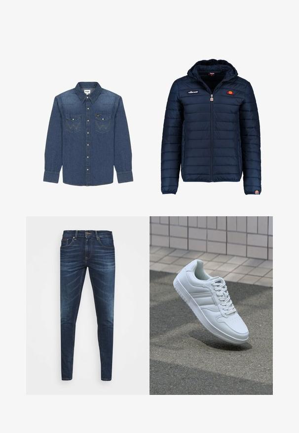 Tamsiai mėlynas pūkinis švarkas su gobtuvu, užtrauktuku, kanalų siuvimu ir logotipo akcentais krūtinėje bei rankovėje. Minkšta, tekstūruota medžiaga.; Tamsiai mėlynas džinsinis marškinis su mygtukų apykakle, dviem krūtinės kišenėmis su kontrastingomis siūlėmis ir ilgomis rankovėmis su mygtukais.; Tamsiai mėlynos džinsinės kelnės su liesu siluetu, subtiliu nusidėvėjimu, penkiomis kišenėmis ir metaliniu mygtuku užsegimui. Įsiūtos akcentai kontrastinga spalva.; Baltos sportinės kedai su lygaus odos viršumi, raišteliais priekyje, perforuotu kojų pirštu ir raštuotu padu. Minimalistinis dizainas su trimis šoninėmis juostelėmis.