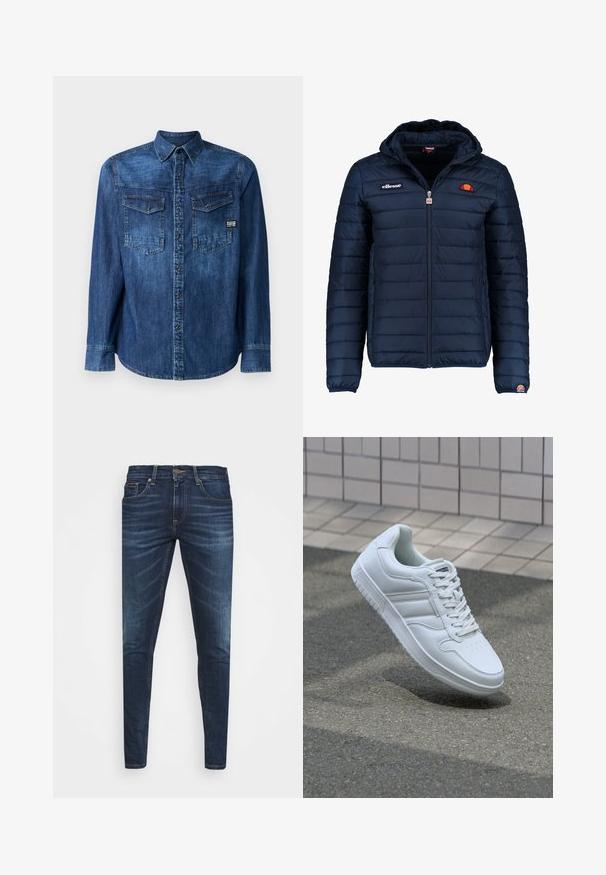 Mörkblå pufferjacka med huva, dragkedjestängning, kanalsömmar och logodetaljer på bröstet och ärmen. Mjuk, texturerad tyg.; Denimskjorta, mörkblå, långärmad, knäppning fram, två bröstfickor med lock, varumärkesetikett på nedre vänstra sidan, standardkrage.; Mörkblå denimjeans med smal passform, subtilt blekning, fem fickor och metallknappstängning. Sömnadsdetaljer i kontrasterande färg.; Vit atletisk sneakers med slätt läderöverdel, snörning fram, perforerad tå och mönstrad sula. Minimalistisk design med tre sidostycken.