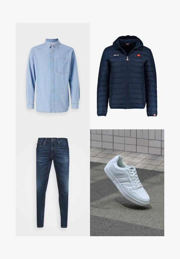 Granatowa kurtka puchowa z kapturem, zapinana na zamek, z przeszyciami w kształcie kanałów oraz akcentami loga na piersi i rękawie. Miękka, teksturowana tkanina.; Jasnoniebieska koszula dżinsowa z kołnierzykiem zapinanym na guziki, długimi rękawami i jedną kieszenią na piersi. Zawiera brązowe akcenty guzikowe oraz kontrastowe przeszycia.; Granatowe dżinsy o slim fit, delikatnym wyblaknięciu, pięciu kieszeniach i metalowym zapięciem. Haftowane akcenty w kontrastowym kolorze.; Białe sportowe trampki z gładkiej skóry, z zapięciem na sznurowadła, perforowanym noskiem i wzorzystą podeszwą. Minimalistyczny design z trzema paskami po bokach.