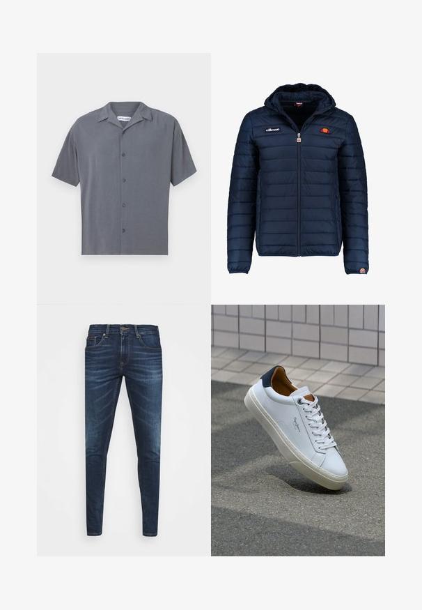 Tumedat sinised puffer jakk kapuutsiga, lukuga suletav, kanalite õmblustega ning logo aktsentidega rinnal ja varrukal. Pehme, tekstuuriga kangas.; Lühikeste varrukatega nööbiga shirt tumehall, valmistatud siledast kangast. Omab laia kraed ja kuute esipaneeli nuppu. Minimalistlik disain.; Tumedat sinised teksad kitsas lõikes, kerge kulumisega, viie taskuga ja metallnööbiga sulgemine. Õmmeldud aktsendid kontrastsetes värvides.; Valge nahast tennis, millel on tumesinine konts, ümmargune nina ja kontrastsed pruuni aktsendid. Omab lamepaelti ja tekstureeritud kummist tallat.