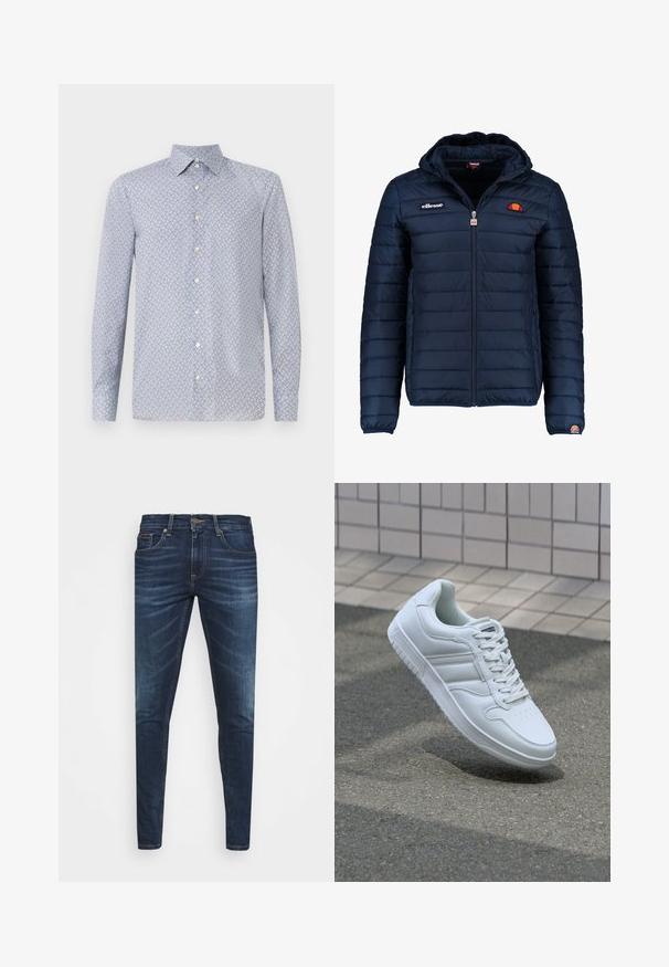 Giubbotto imbottito blu navy con cappuccio, chiusura con zip, cuciture a canale e dettagli con logo sul petto e sulla manica. Tessuto morbido e testurizzato.; Camicia button-up azzurro chiaro con un pattern geometrico in rosso e blu navy. Presenta un colletto a punta e maniche lunghe. Realizzata in un tessuto liscio.; Jeans in denim blu scuro con vestibilità slim, leggero sbiadito, cinque tasche e chiusura con bottone in metallo. Dettagli cuciti in un colore a contrasto.; Sneaker sportivo bianco con tomaia in pelle liscia, chiusura con lacci, punta perforata e suola decorata. Design minimalista con tre strisce laterali.