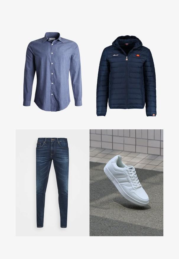 Tamsiai mėlynas pūkinis švarkas su gobtuvu, užtrauktuku, kanalų siuvimu ir logotipo akcentais krūtinėje bei rankovėje. Minkšta, tekstūruota medžiaga.; Mėlyna ilgomis rankovėmis marškiniai, pagaminti iš lengvos medžiagos, su klasikiniu apykakle, sagstomais priekiais ir baltais mygtukais. Lygus audinys, universalus dizainas.; Tamsiai mėlynos džinsinės kelnės su liesu siluetu, subtiliu nusidėvėjimu, penkiomis kišenėmis ir metaliniu mygtuku užsegimui. Įsiūtos akcentai kontrastinga spalva.; Baltos sportinės kedai su lygaus odos viršumi, raišteliais priekyje, perforuotu kojų pirštu ir raštuotu padu. Minimalistinis dizainas su trimis šoninėmis juostelėmis.