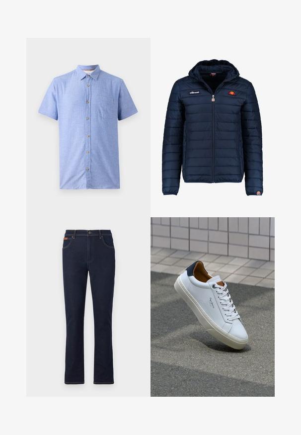 Veste matelassée bleu marine avec capuche, fermeture zippée, coutures en canaux et accents de logo sur la poitrine et la manche. Tissu doux et texturé.; Chemise à manches courtes en tissu bleu clair avec un motif à carreaux, dotée d'une fermeture à boutons sur le devant et d'une poche poitrine.; Jeans en denim bleu foncé avec une coupe droite, ornés de coutures orange, de cinq poches et d'une fermeture à bouton à la taille.; Sneaker en cuir blanc avec un talon bleu marine, bout rond et accents marron contrastés. Dispose de lacets plats et d'une semelle en caoutchouc texturée.